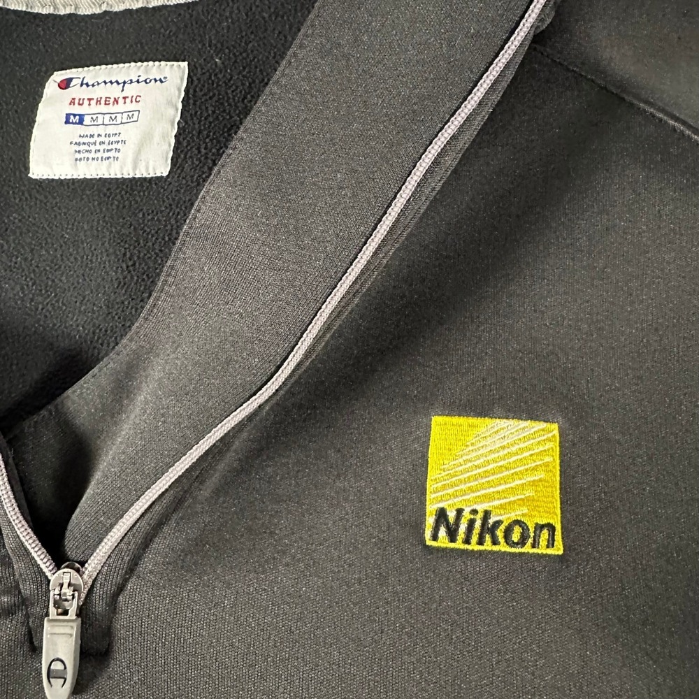 Champion Authentic Nikon Mens Medium Black Grey Quarter Zip Fleece Pullover M